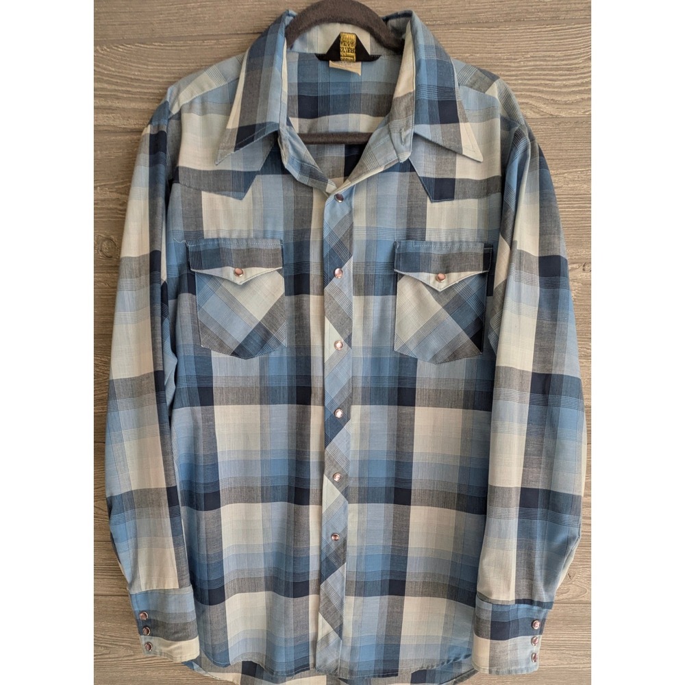Vintage Sears Western Wear Blue Plaid Pearl Snap Shirt Mens XL 1970s 10/79 Tag